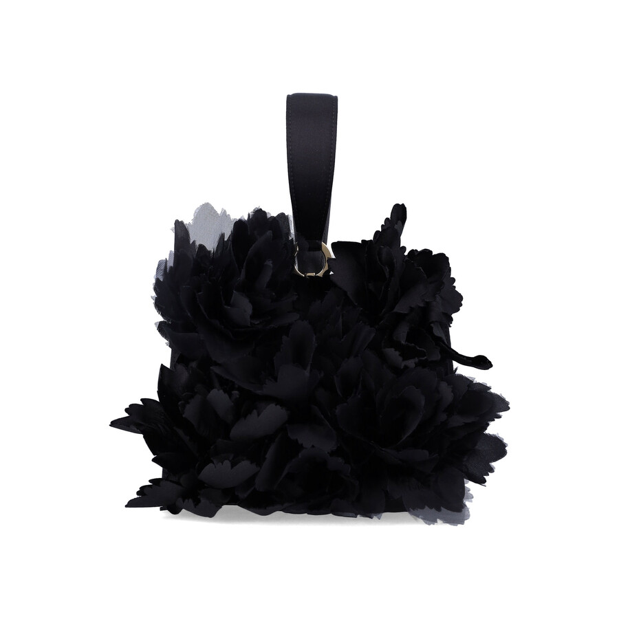 Ferragamo Mini Satin Clutch With Floral Embellishments In Black