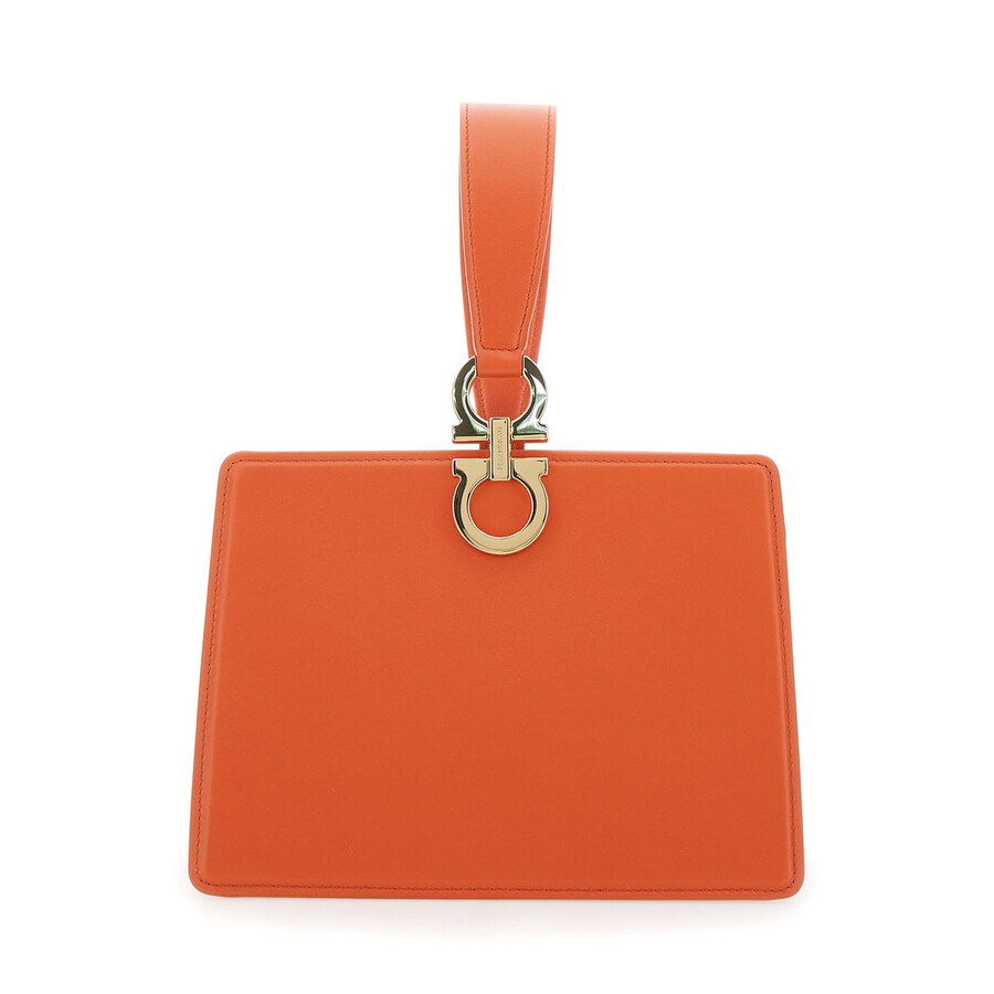 Ferragamo Orange Clutch With Gancini Clasp And Leather Handle For