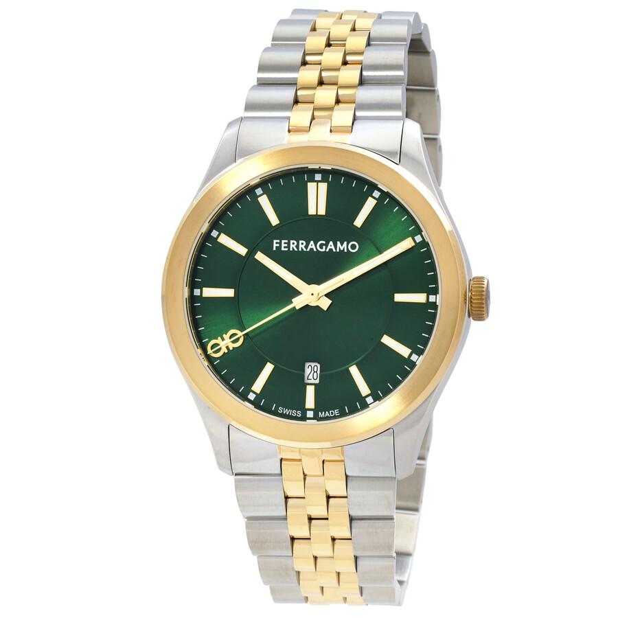 腕時計その他 Ferragamo Two-Tone Bracelet Watch With Green Guilloche Dial Ferragamo Two-Tone Bracelet Watch With Green Guilloche Dial