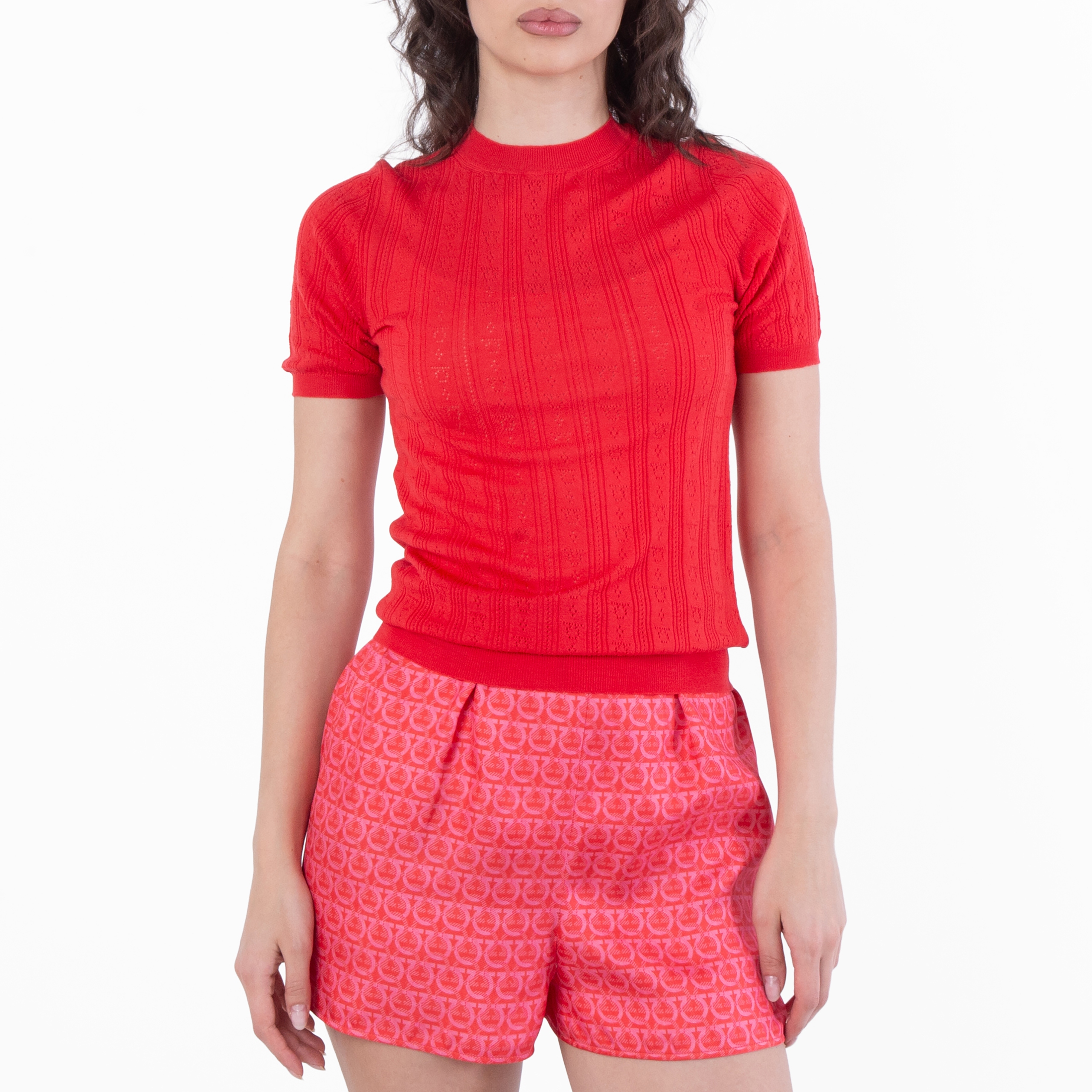 Ferragamo Short-Sleeved Gancini Motif Knit Top, Size Small 110965