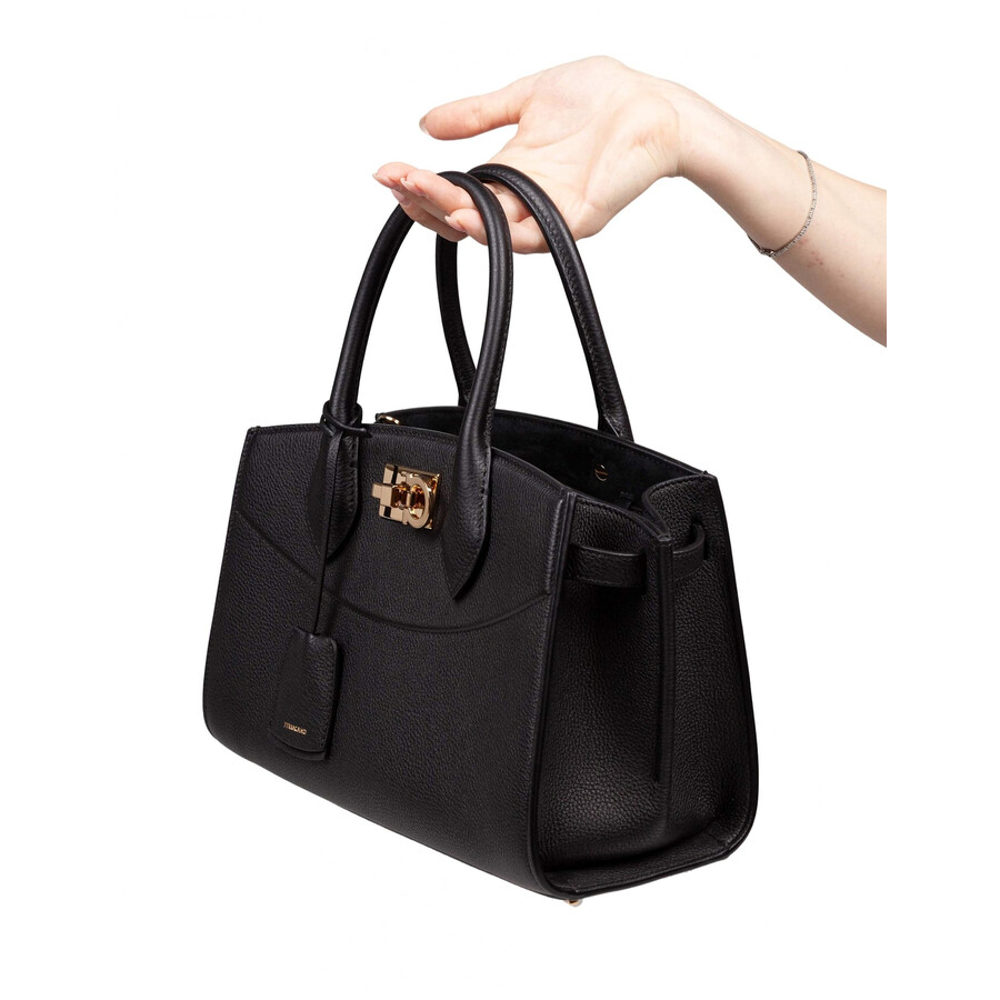 Ferragamo Studio Hammered Leather Handbag In Black