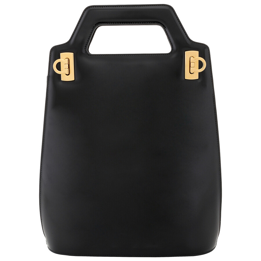 Ferragamo Black Glossy Finish Structured Crossbody Bag In Black