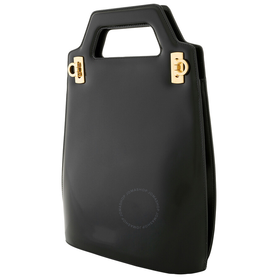 Ferragamo Black Glossy Finish Structured Crossbody Bag In Black