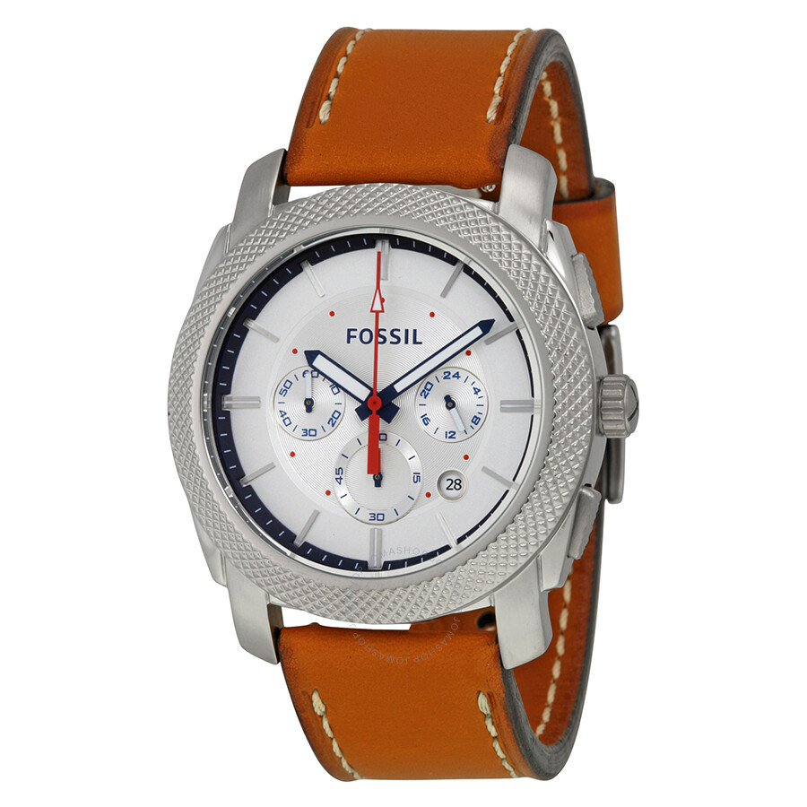 Fossil Machine Chronograph Silver Dial Light Brown Leather Men's Watch ...