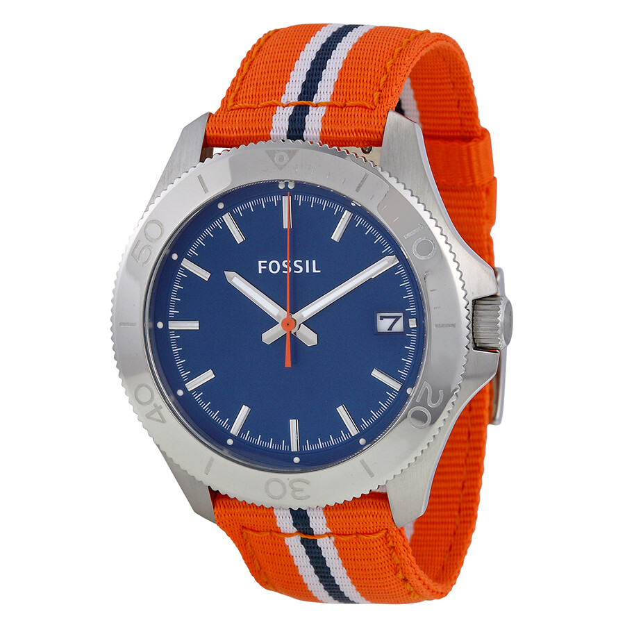 Fossil Retro Traveler Blue Dial Orange Nylon Strap Men's Watch AM4478