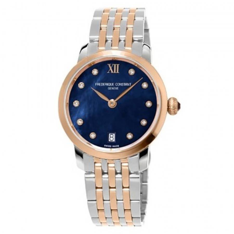 Frederique Constant Slim Line Quartz Diamond Blue Mother of Pearl Dial Ladies Watch FC-220MPND1S22B