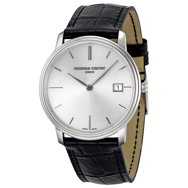 Frederique Constant Slim Line Silver Dial Black Leather Men's Watch 220NS4S6