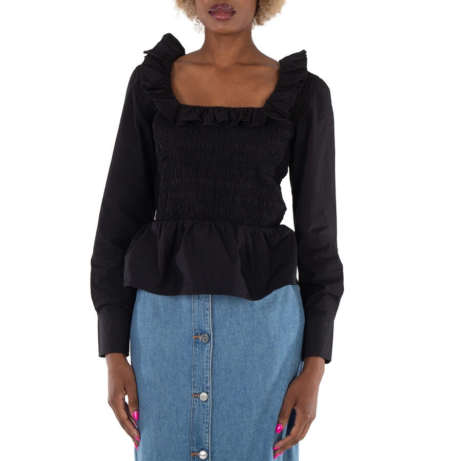 Black Cotton Poplin Ruffled Smock Blouse