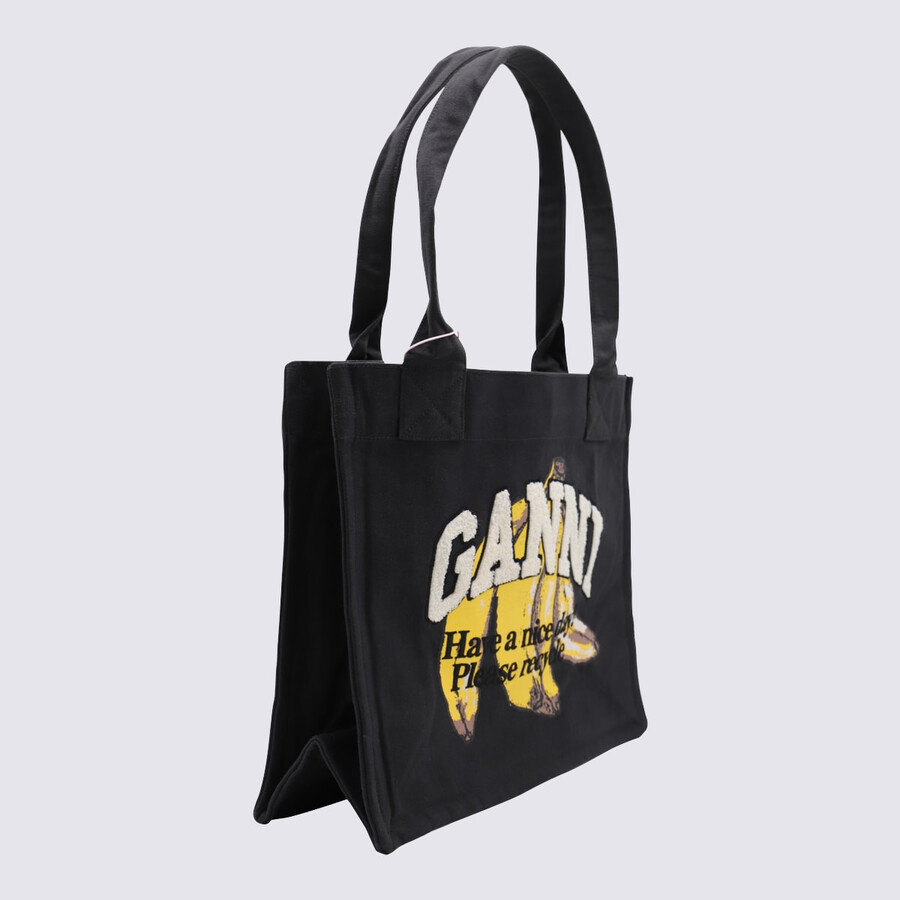 Ganni Black Cotton Totes In Black