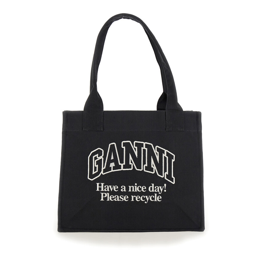 Ganni Black Shopper With Embroidered Logo On The Front In Denim
