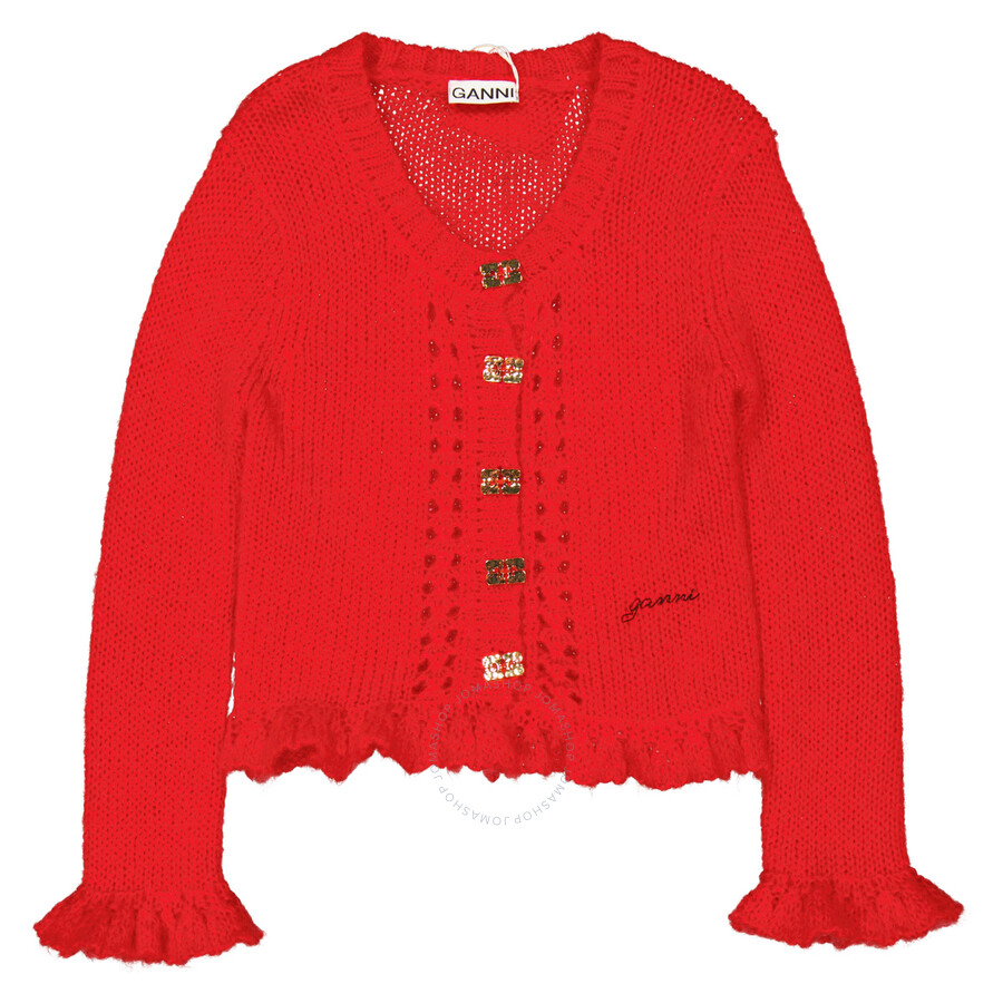 Ganni Ladies Racing Red Mohair Butterfly-button Cardigan In Red