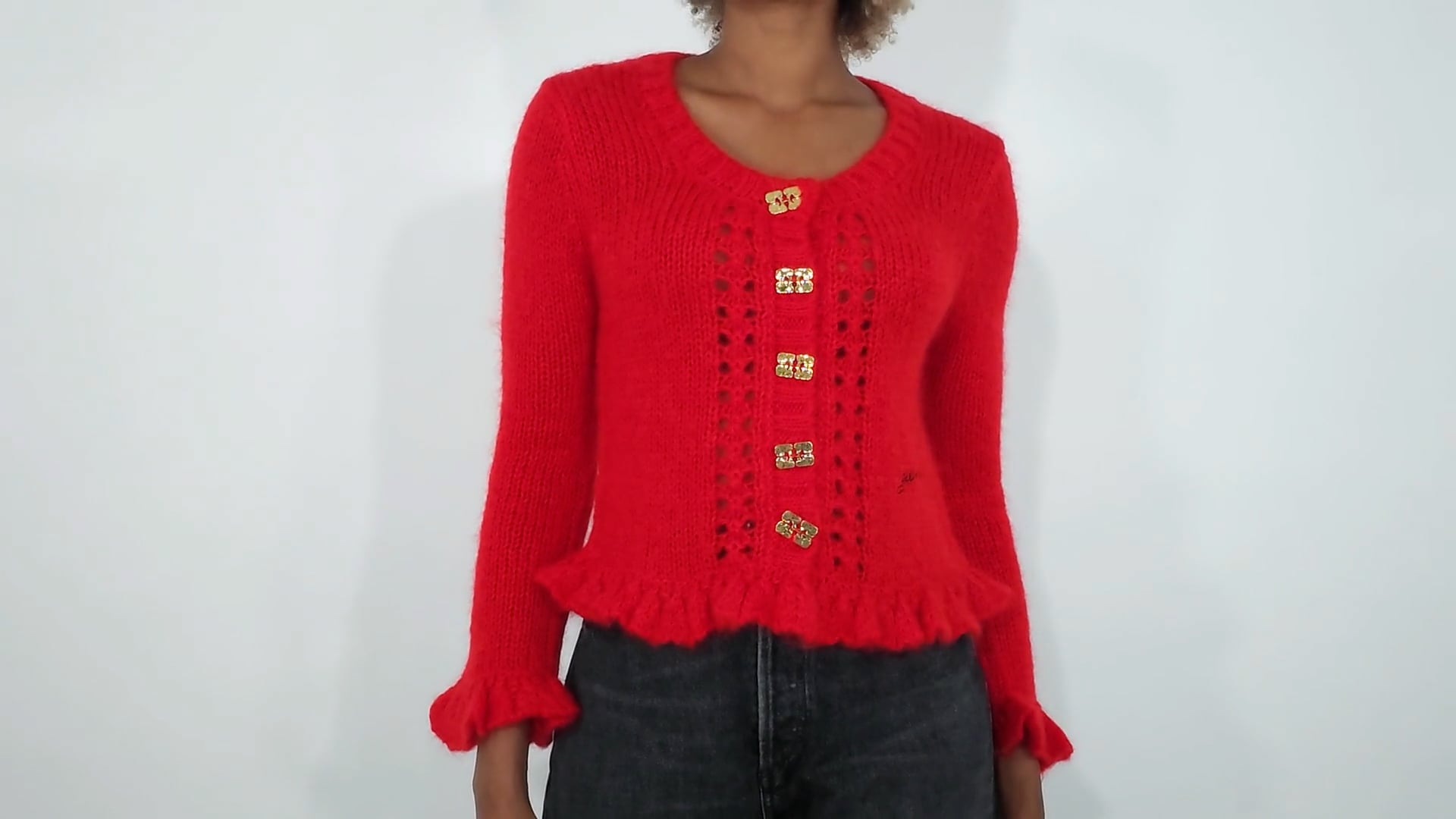 Ganni Ladies Racing Red Mohair Butterfly-Button Cardigan, Size