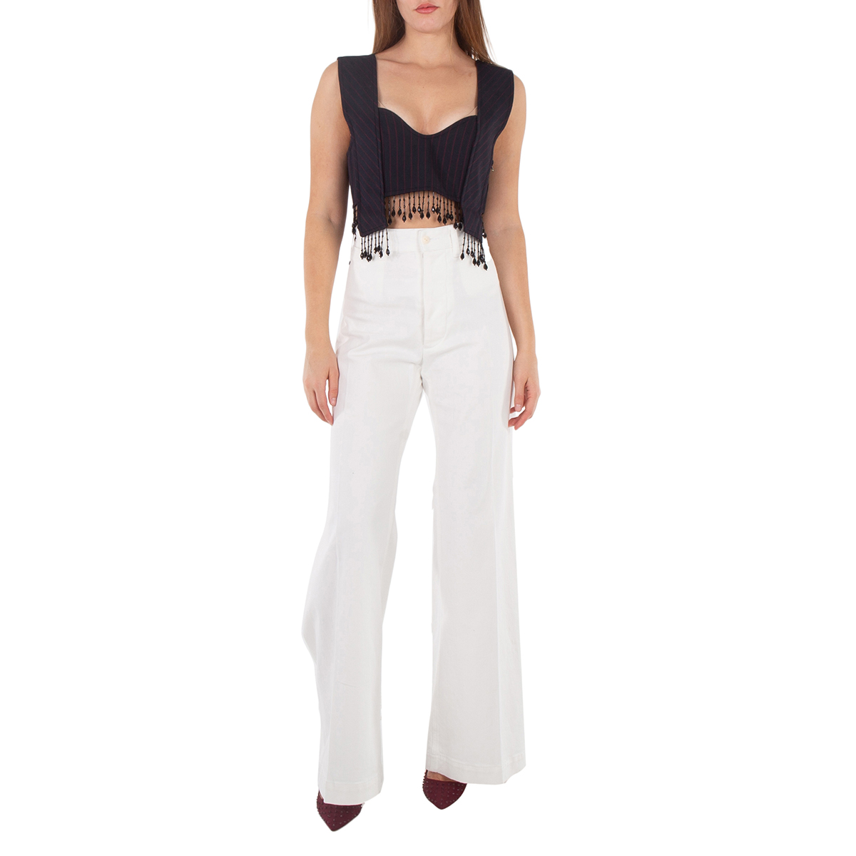 Ganni Ladies Sky Captain Stretch Stripe Beaded Crop Top, Brand Size 38 ...