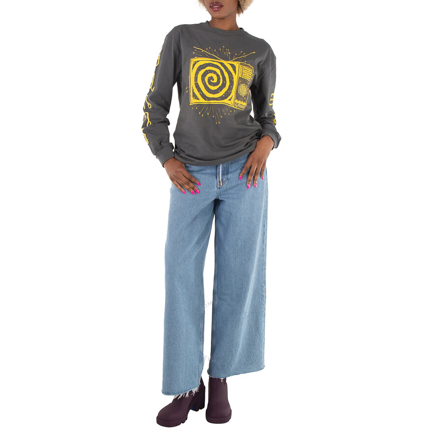 Ganni Light Blue Stone Denim Wide Drawstring Jeans, Waist