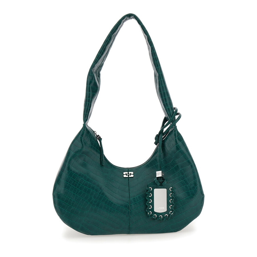 Ganni Medium Bou Green Shoulder Bag With Crocodile Leather Effect And Logo Plaque In Leather In Green