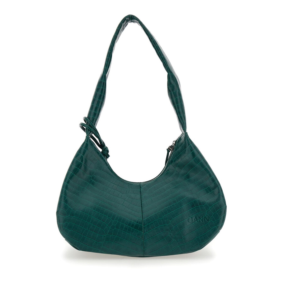 Ganni Medium Bou Green Shoulder Bag With Crocodile Leather Effect And Logo Plaque In Leather In Green