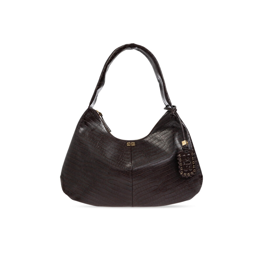 Ganni Xxl Croc-embossed Leather Shoulder Bag In Brown