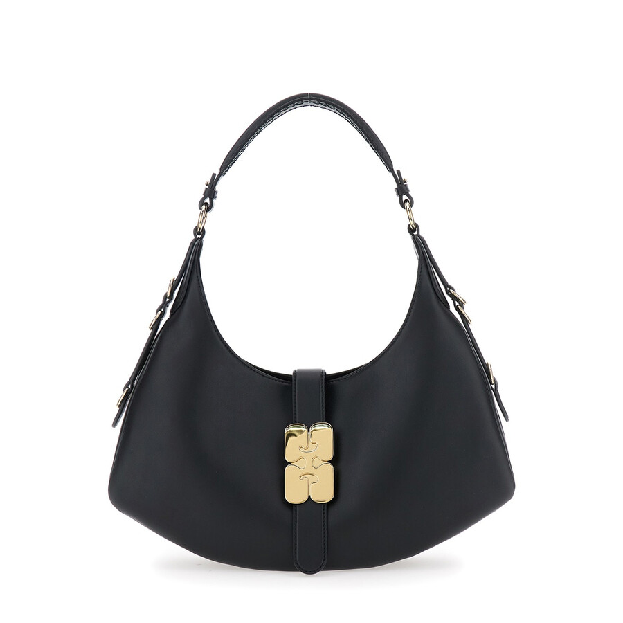 Ganni Kat Small Black Leather Shoulder Bag  In Black