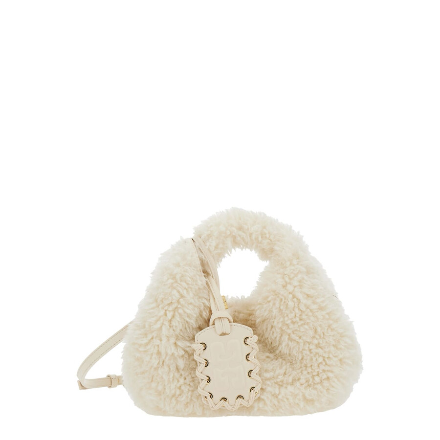 Ganni White Handbag With Adjustable And Removable Shoulder Strap And Top Zip Closure In Ecofur In Neutral