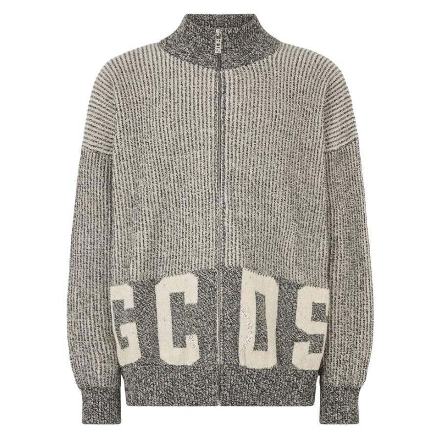 Gcds Grey Ribbed Logo Full Zip Cardigan In Gray