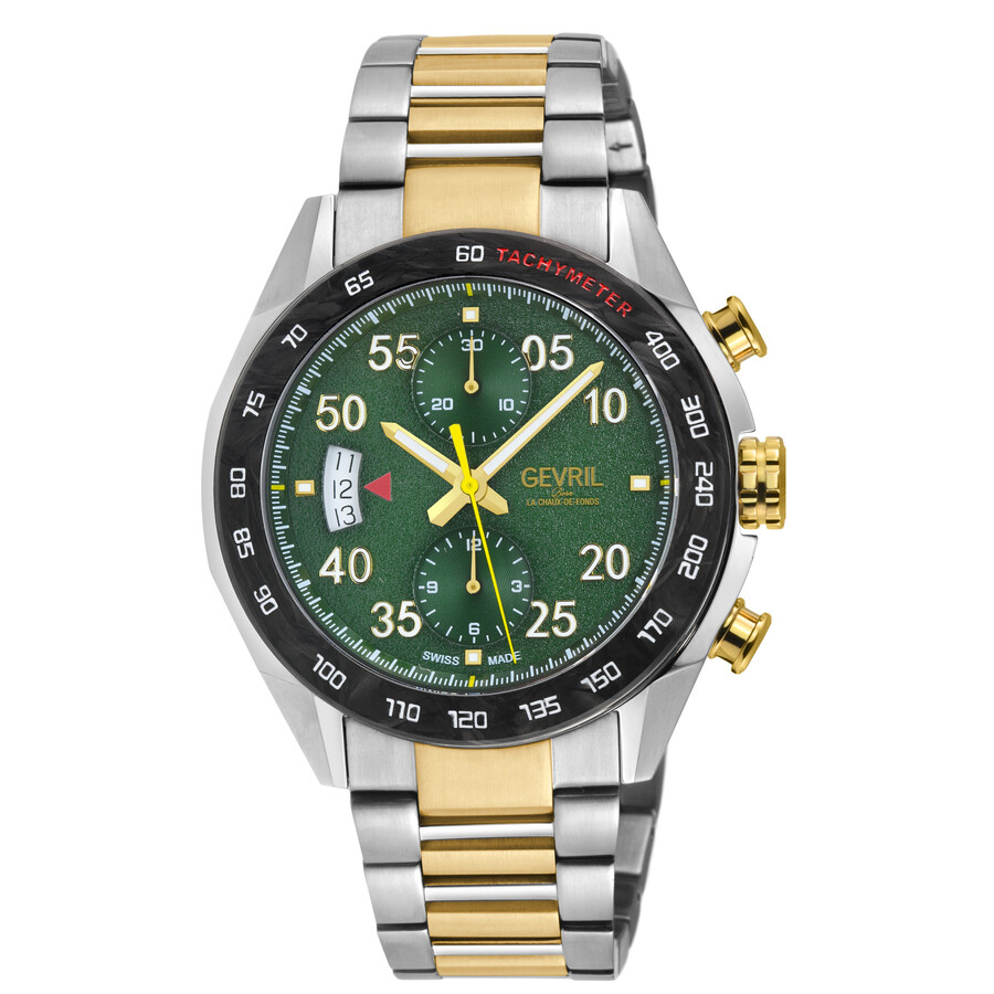 Gevril Ascari Chronograph Automatic Green Dial Mens Watch 48316b In Two Tone  / Black / Gold Tone / Green / Yellow