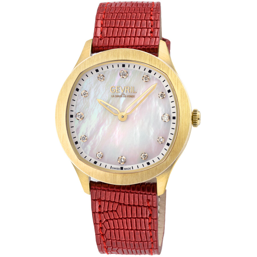 Shop Gevril Morcote Quartz Diamond Ladies Watch 10021 In Red   / Gold Tone / Mop / Mother Of Pearl / Yellow