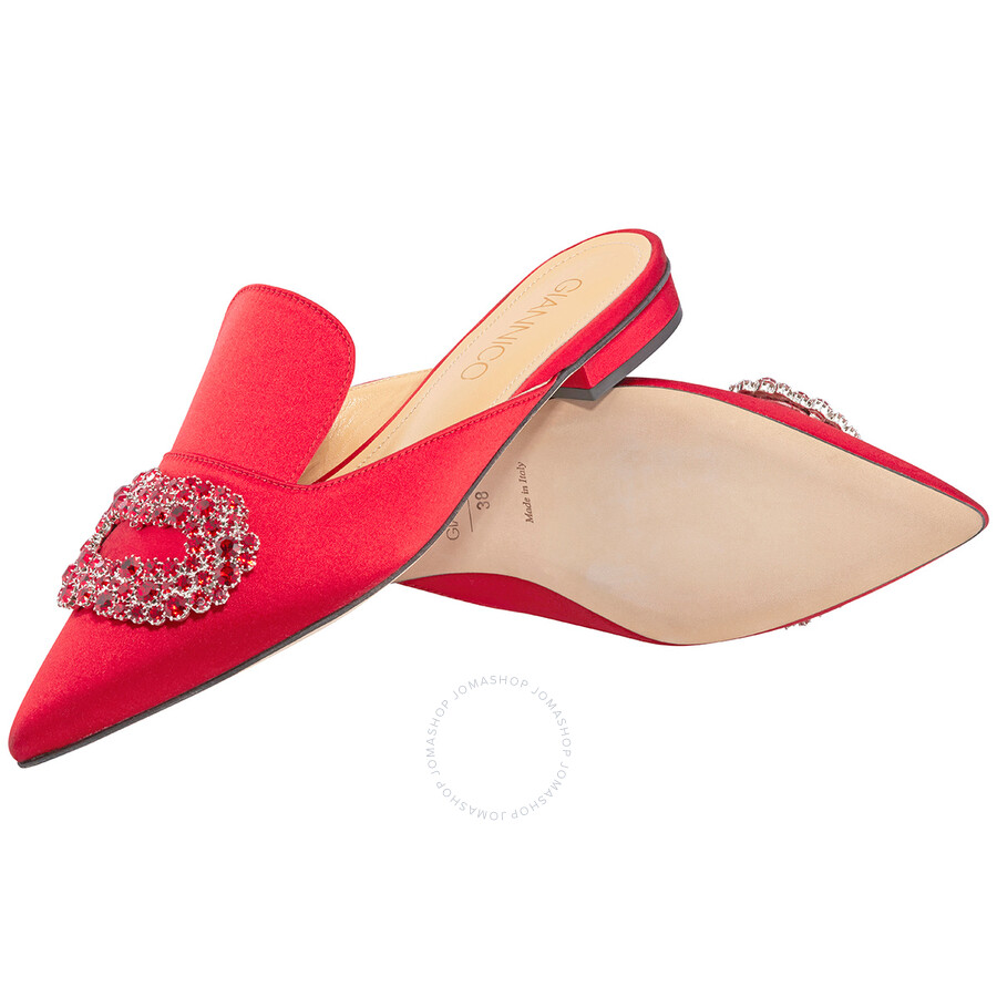 Shop Giannico Ladies Crystal-embellished Woven Slippers In Red