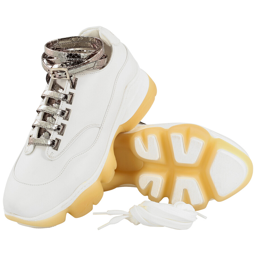 Shop Giannico Ladies White Calfskin Python Lace-up Buckle Sneakers