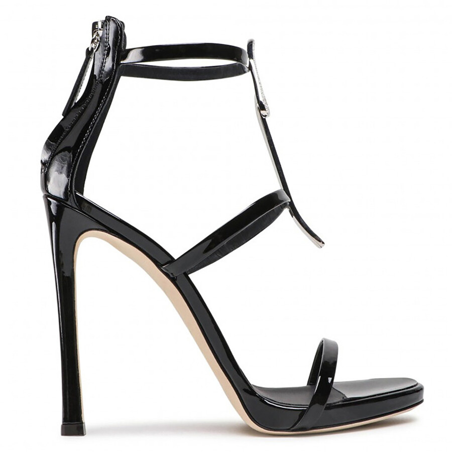 Shop Giuseppe Zanotti Ladies Harmony G Crystal Patent Leather Sandals In Black