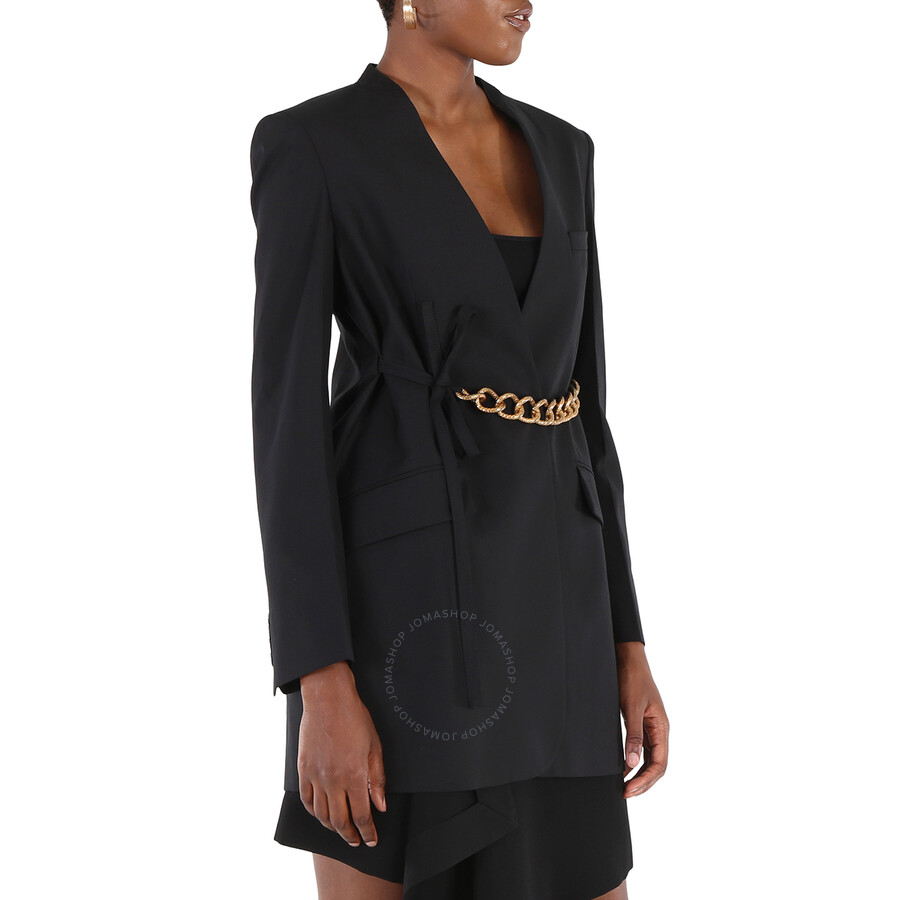 Givenchy Collarless Solid Wool Chain Belted Jacket In Black