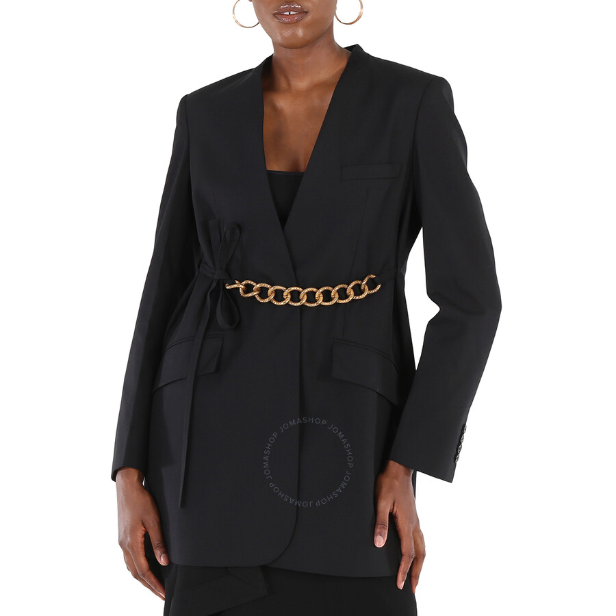 Givenchy Collarless Solid Wool Chain Belted Jacket In Black