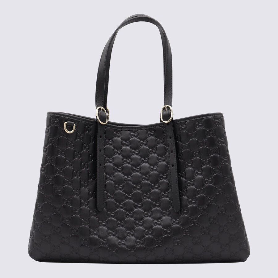 Gucci Black Leather Emblem Big Totes