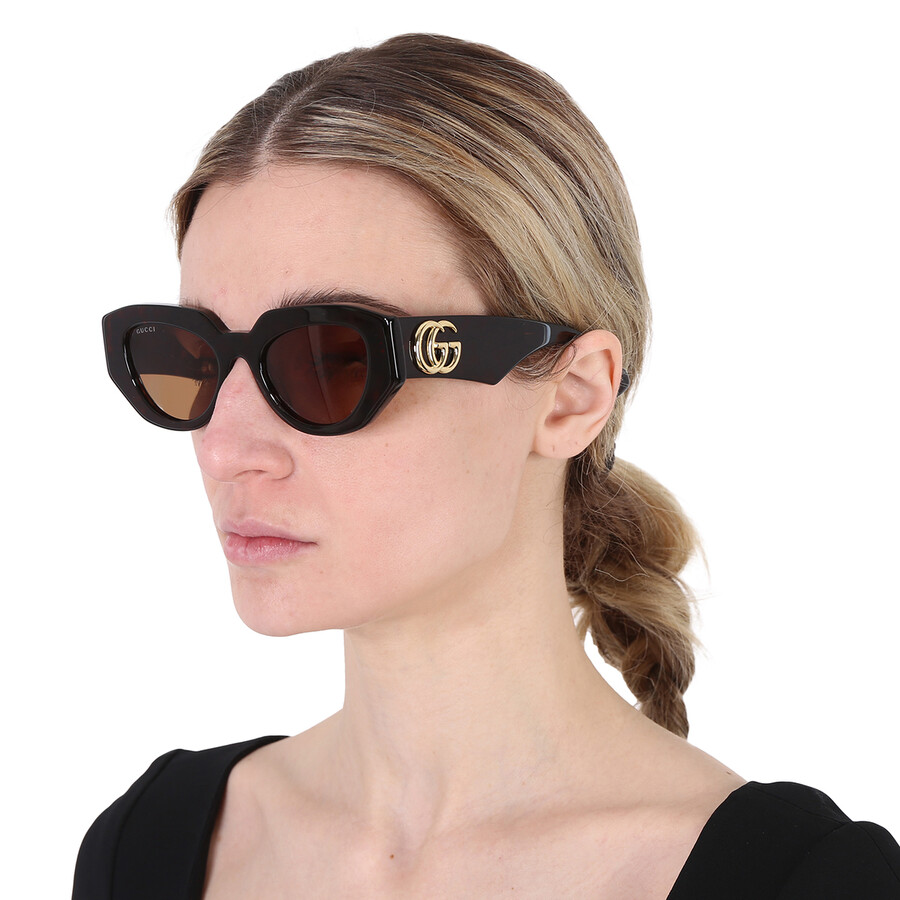 Shop Gucci Brown Geometric Ladies Sunglasses Gg1421s 002 51 In Black / Brown / Grey