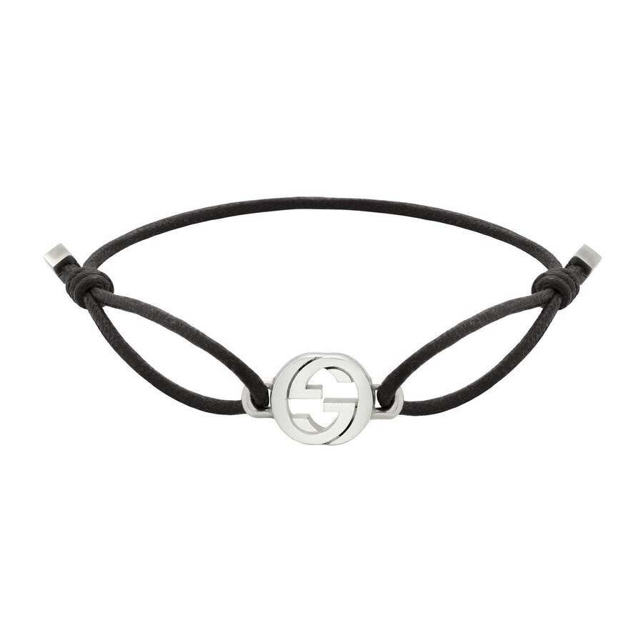 ごる蔵GUCCI Logo Black Patent Silver Gucci Interlocking G Sterling Silver and Cord Friendship Bracelet