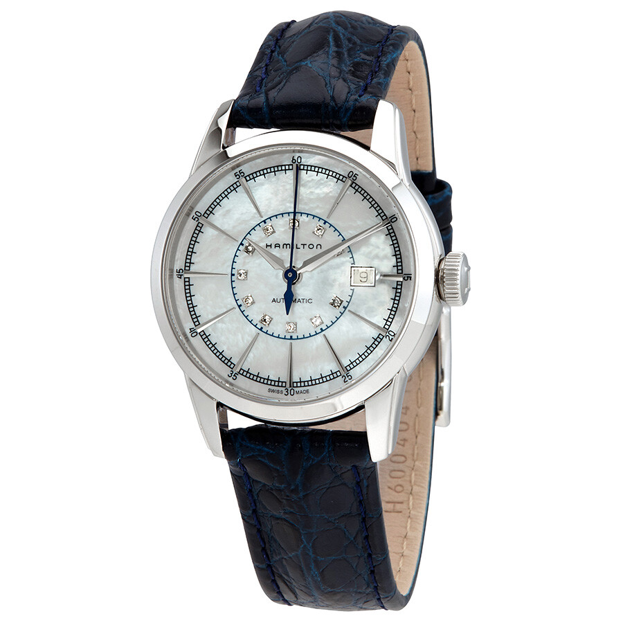 Railroad White Mother Of Pearl Dial Blue Leather Ladies Watch H40405691