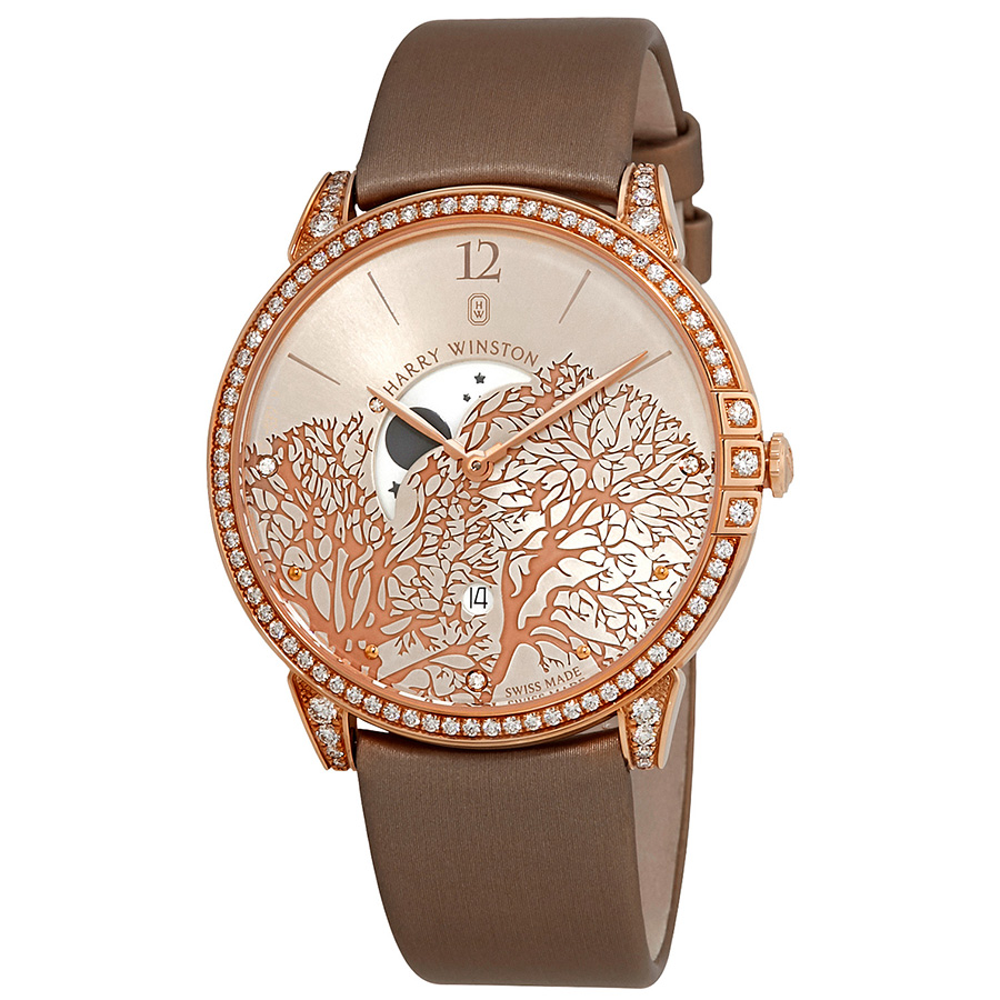 Harry Winston Midnight Champagne Sunray Dial 18kt Rose Gold Diamond Satin Unisex Watch MIDQMP39RR001