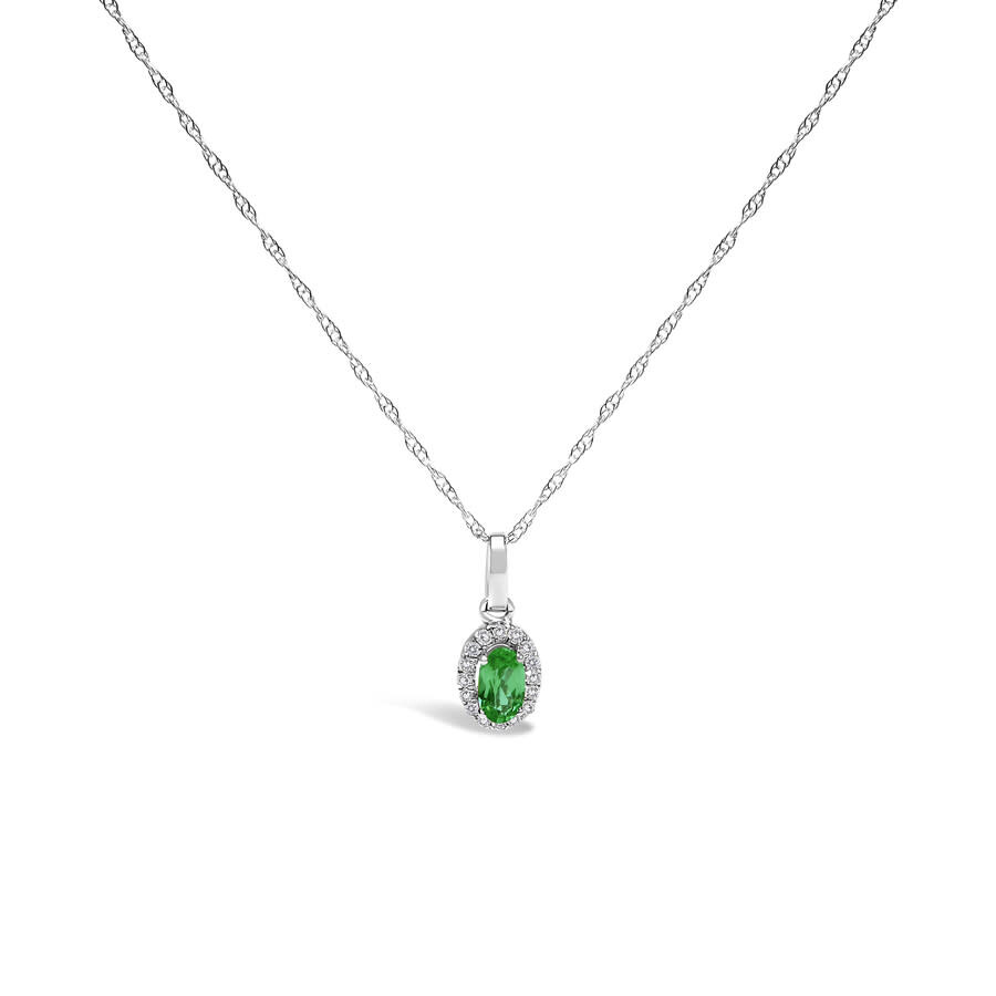 Haus Of Brilliance 10k White Gold 5x3mm Green Emerald And Diamond Accent Halo Oval Shape 18" Pendant