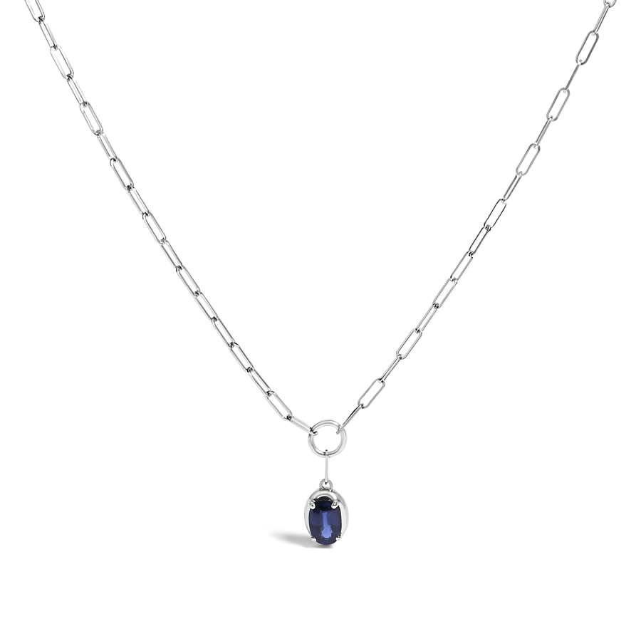 Haus Of Brilliance 10k White Gold 6x4 Mm Oval Blue Sapphire Solitaire Paperclip Pendant Necklace In Metallic