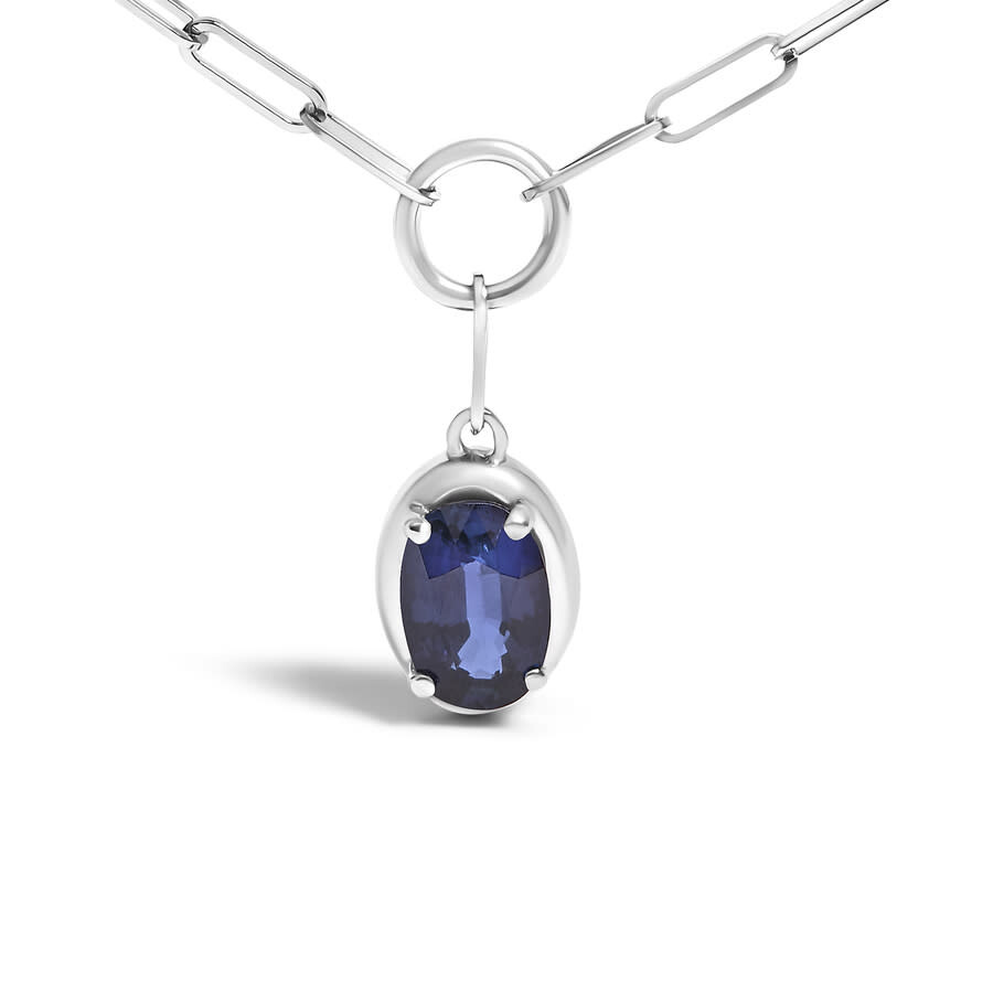 Haus Of Brilliance 10k White Gold 6x4 Mm Oval Blue Sapphire Solitaire Paperclip Pendant Necklace In Metallic