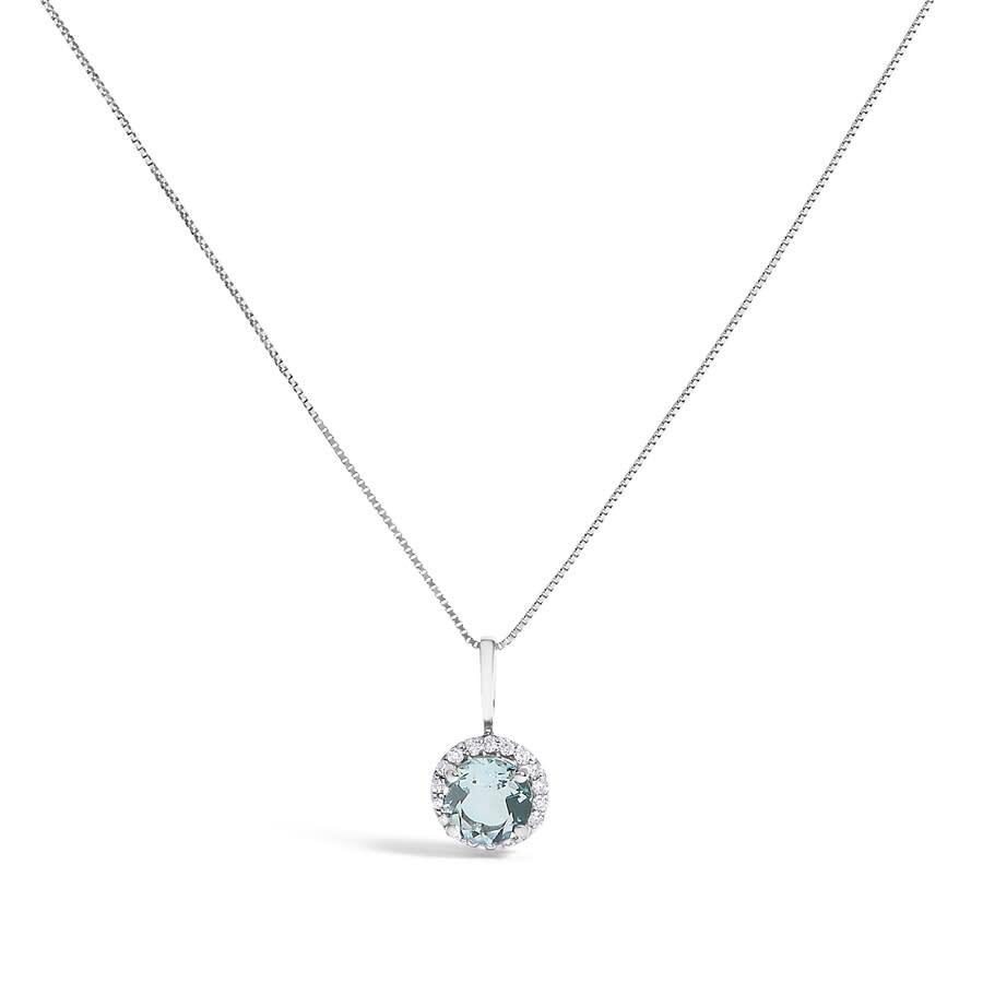 Haus Of Brilliance 10k White Gold Blue Aquamarine And 1/10 Cttw Diamond Accent Halo Pendant Necklace In Silver