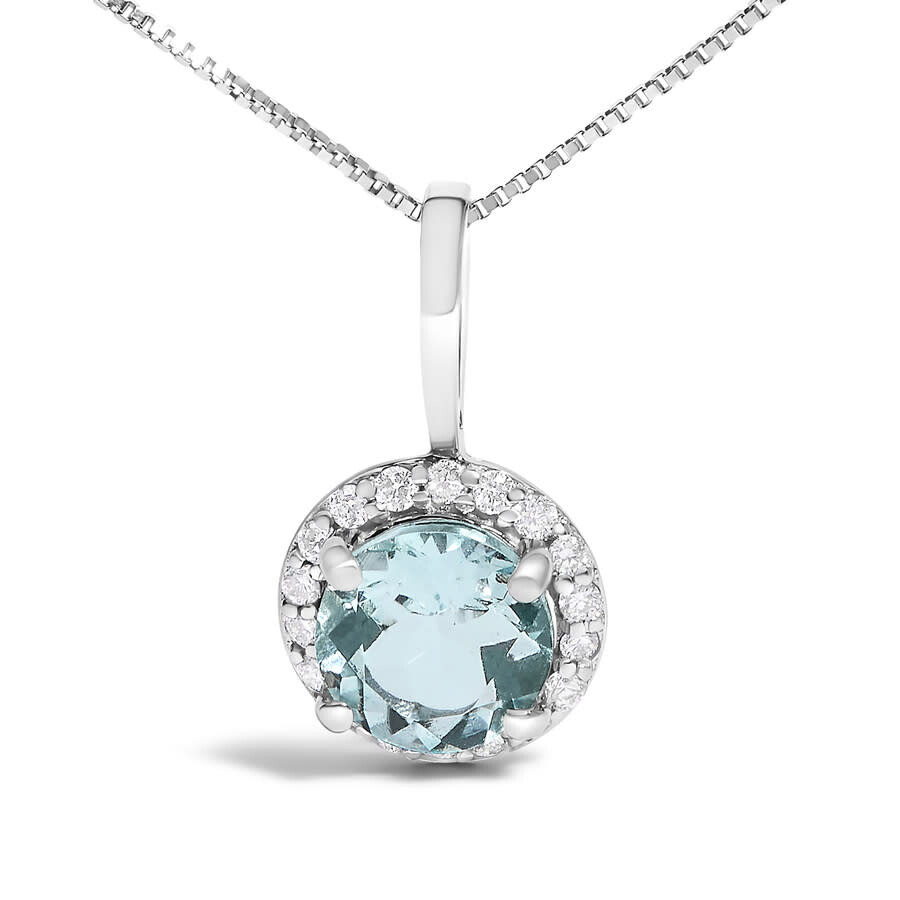 Haus Of Brilliance 10k White Gold Blue Aquamarine And 1/10 Cttw Diamond Accent Halo Pendant Necklace In Silver
