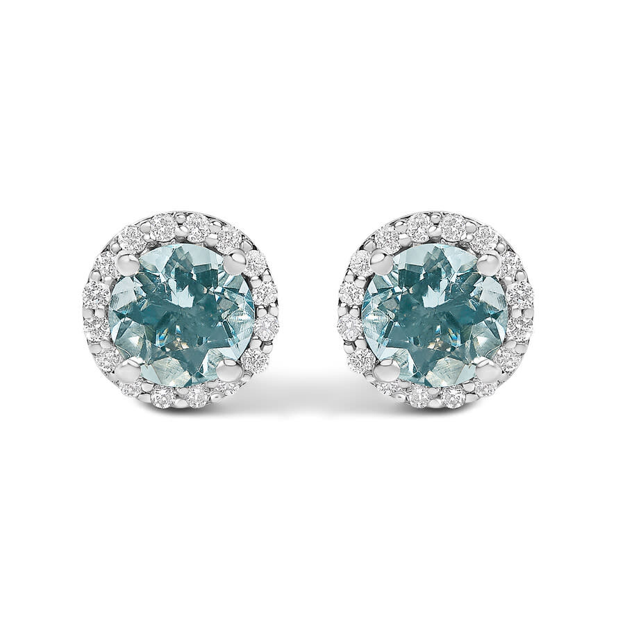 Haus Of Brilliance 10k White Gold Blue Aquamarine And 1/6 Cttw Diamond Halo Stud Earring In Metallic