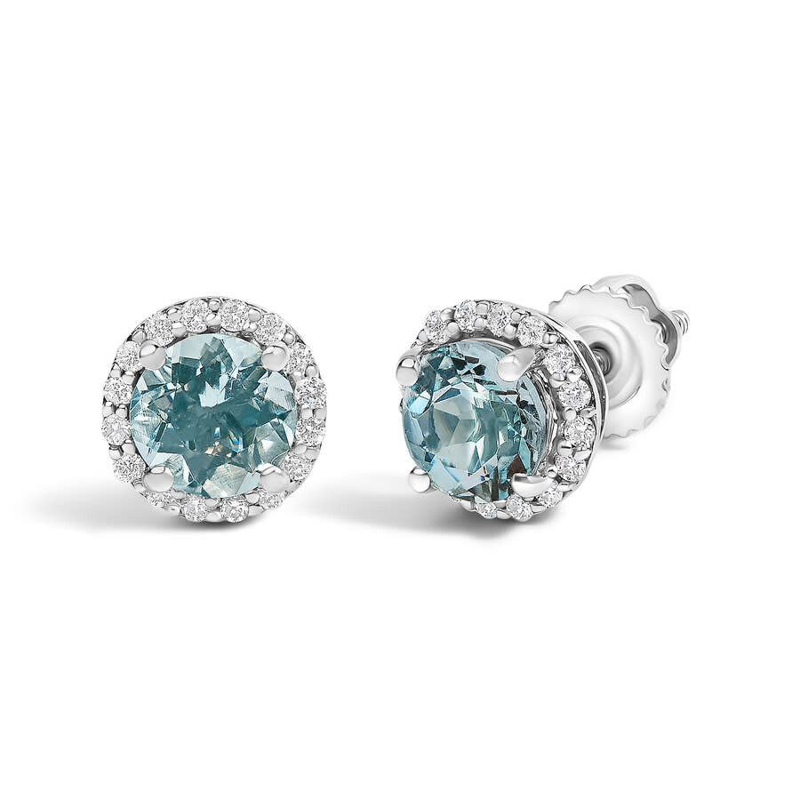 Haus Of Brilliance 10k White Gold Blue Aquamarine And 1/6 Cttw Diamond Halo Stud Earring In Metallic