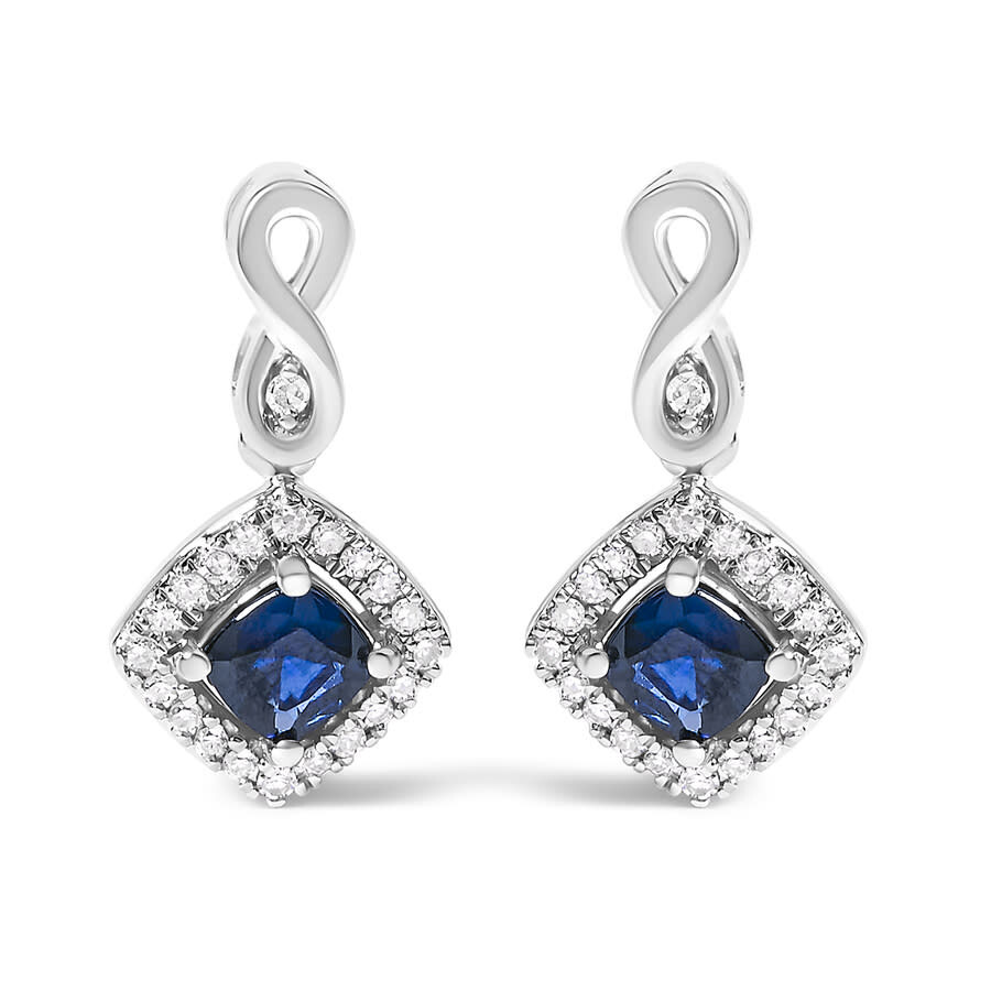 Haus Of Brilliance 10k White Gold Blue Sapphire And Diamond Halo Cushion Shaped Drop Earrings (i-j C
