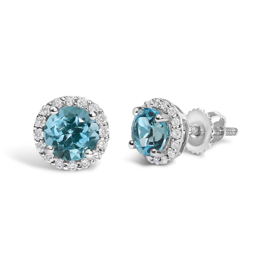 Haus Of Brilliance 10k White Gold Blue Topaz And 1/6 Cttw Diamond Halo Stud Earring In Metallic
