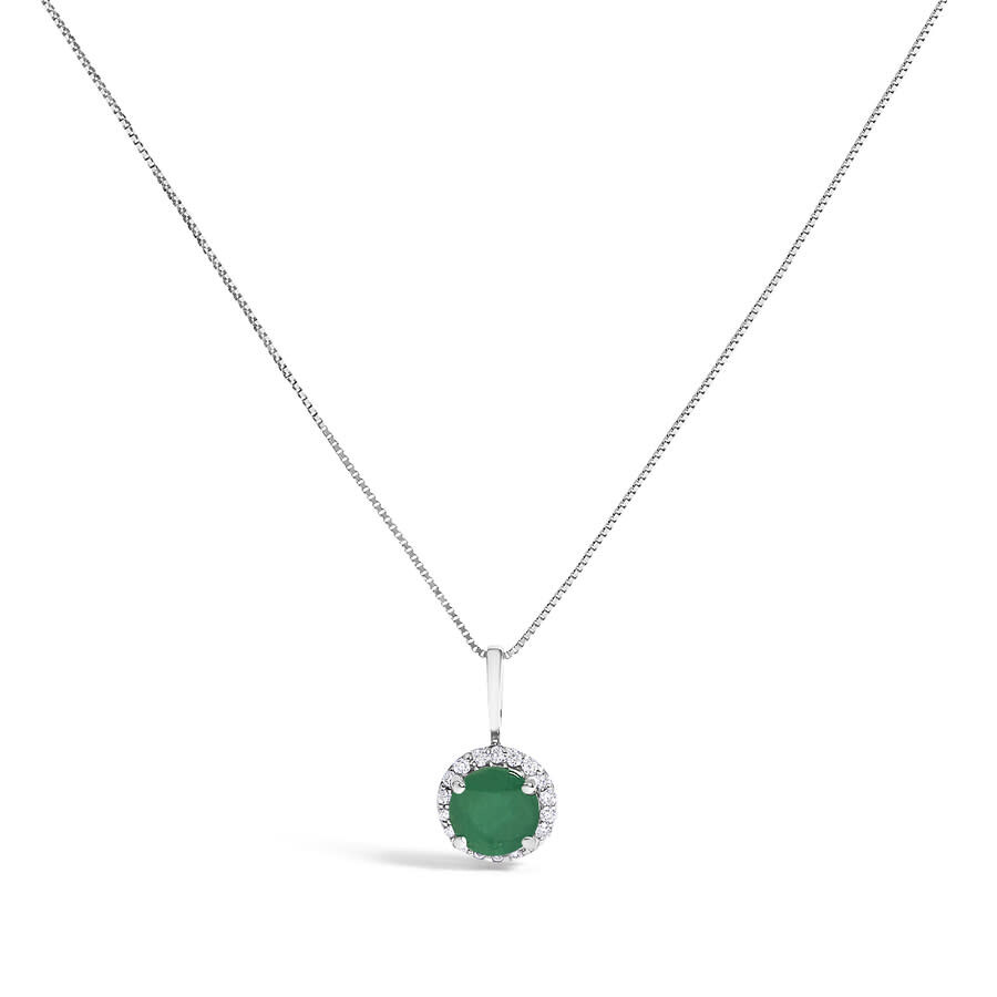 Haus Of Brilliance 10k White Gold Green Emerald And 1/10 Cttw Diamond Accent Halo Pendant Necklace In Metallic