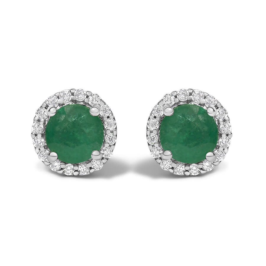 Haus Of Brilliance 10k White Gold Green Emerald And 1/6 Cttw Diamond Halo Stud Earring In Metallic