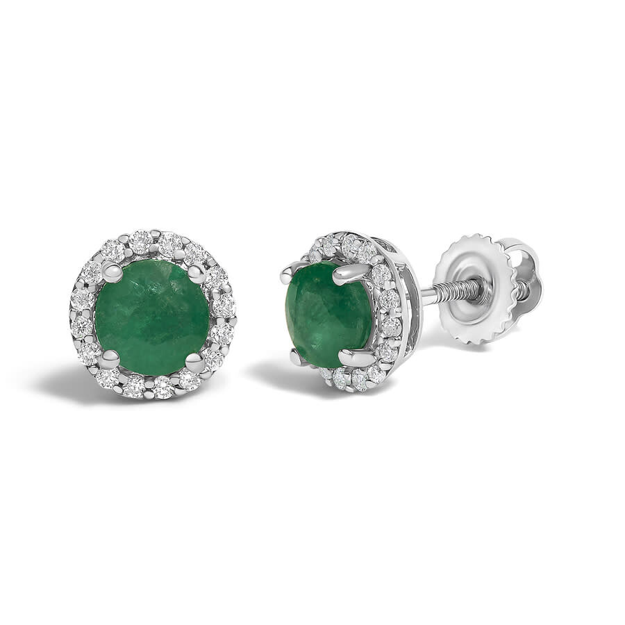 Haus Of Brilliance 10k White Gold Green Emerald And 1/6 Cttw Diamond Halo Stud Earring In Metallic
