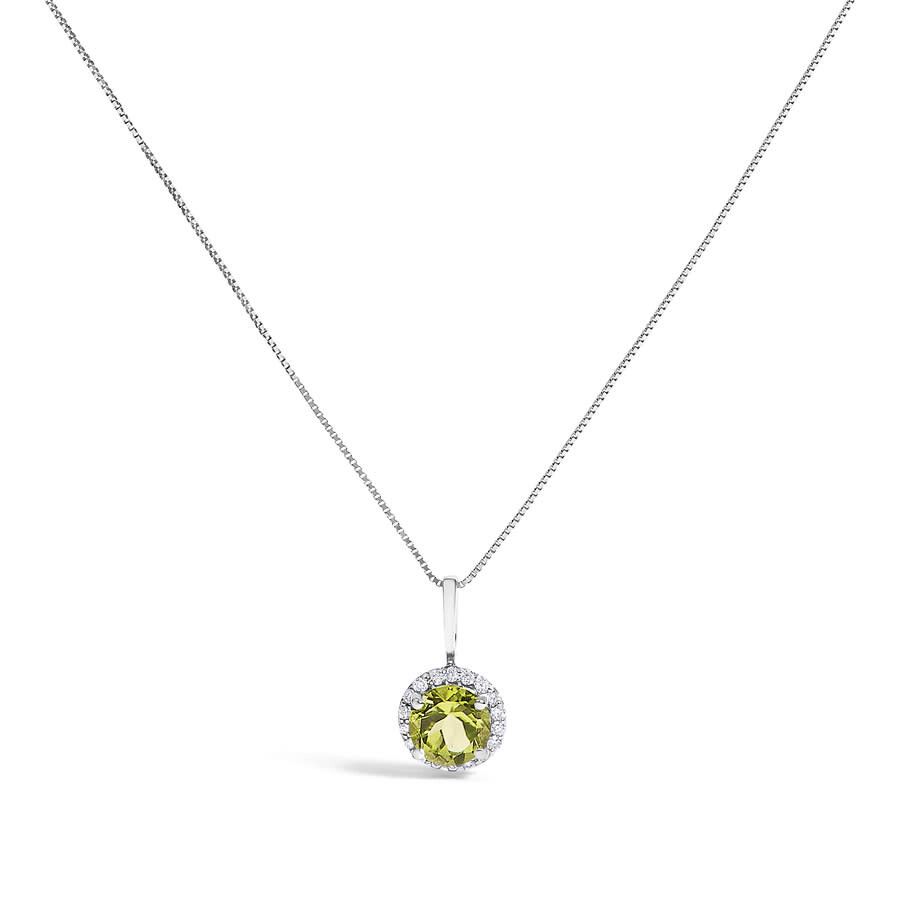 Haus Of Brilliance 10k White Gold Green Peridot And 1/10 Cttw Diamond Accent Halo Pendant Necklace In Metallic