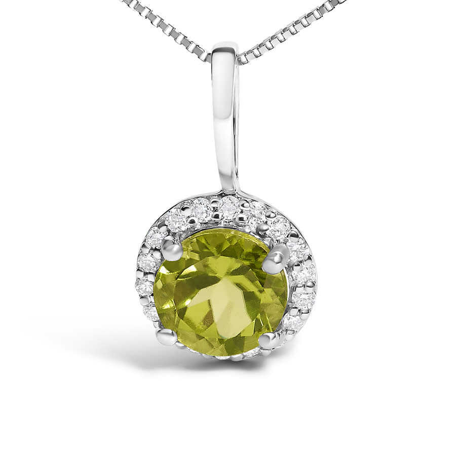 Haus Of Brilliance 10k White Gold Green Peridot And 1/10 Cttw Diamond Accent Halo Pendant Necklace In Metallic
